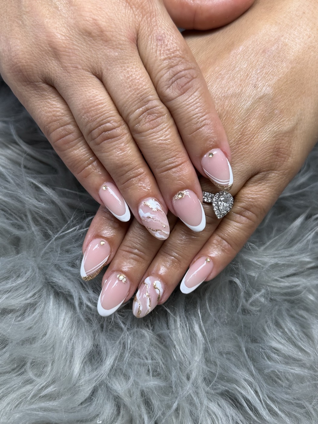 Almond French set in white with gold marble detail and crystal accents