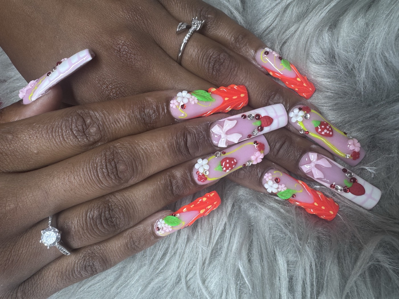 Long coffin set with 3D strawberries, sculpted flowers and rhinestones