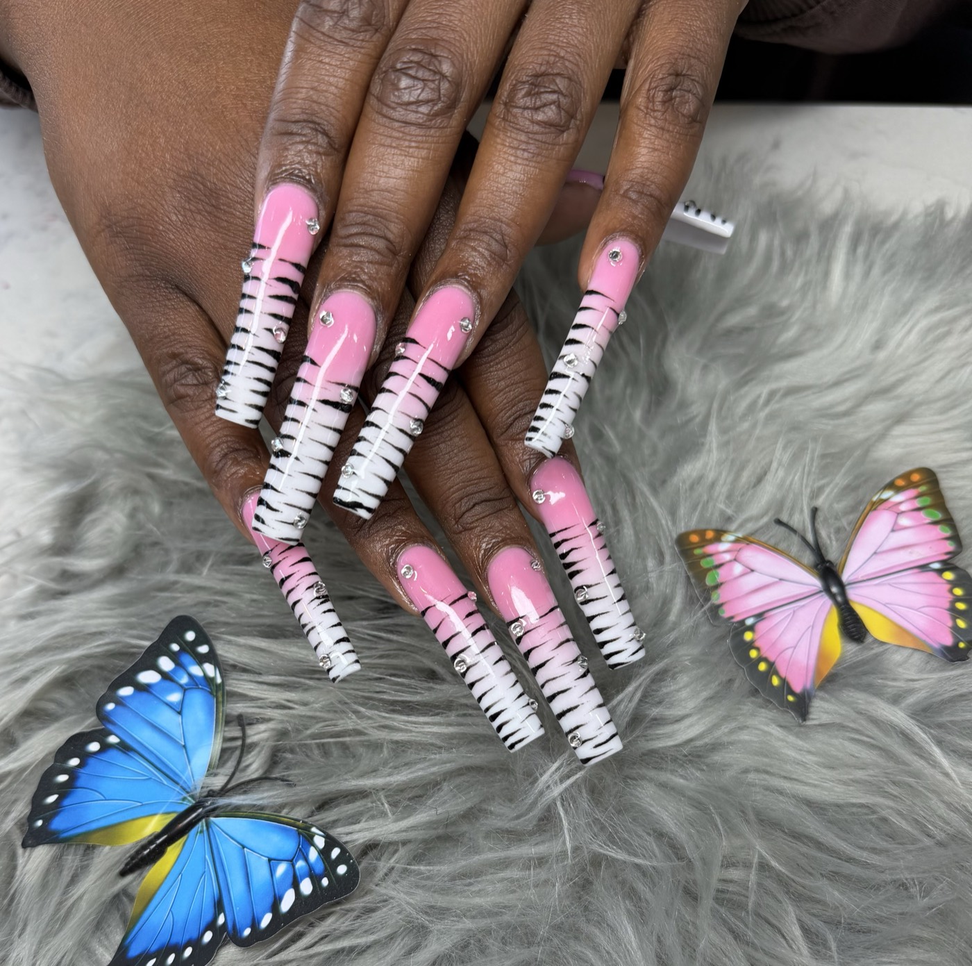 Extra long pink and white zebra-stripe set with crystal accents
