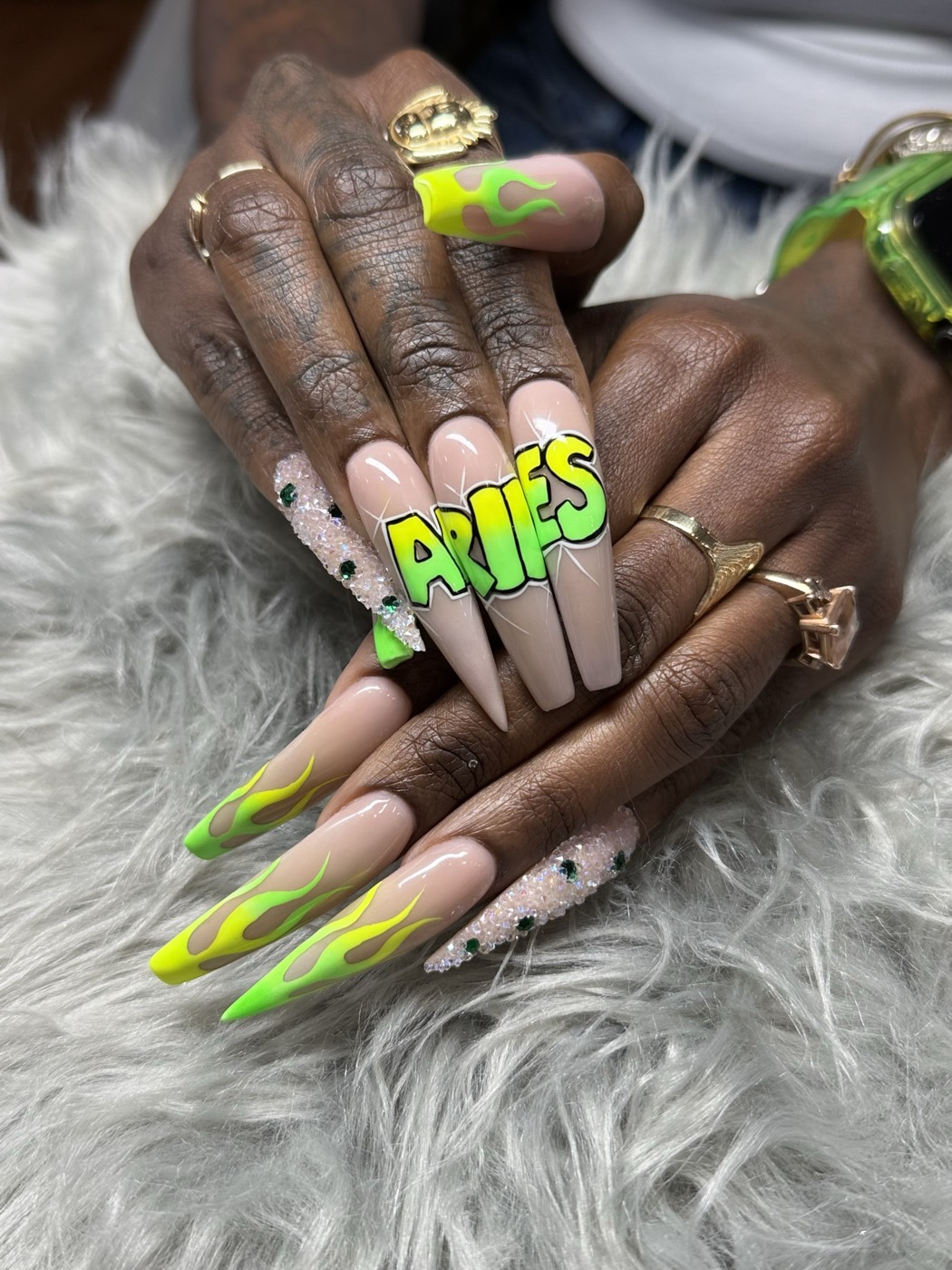 Neon green flame design with hand-painted lettering and crystal-encrusted stiletto tips